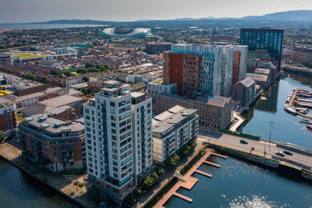 Aerial view Dublin City including Aviva and mountains_Hi Res Aviva Stadium in Dublin aerial view, near Lansdowne Road near Ariel House Ballsbridge