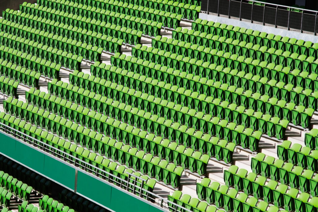 aviva-stadium-near-ariel-house Empty seats in a rugby stadium, Aviva Stadium, Dublin, Republic of Ireland.