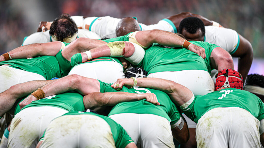 aviva-stadium-rugby-match Illustration with players in a scrum (scrummage) during the World Cup RWC 2023 rugby union match between South Africa (Springboks) and Ireland on September 23, 2023. Interior of the Aviva Stadium during an international rugby match in Dublin.