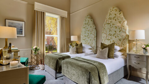 Superior twin room at Ariel House Dublin with botanical headboards and garden-inspired d&eacute;cor