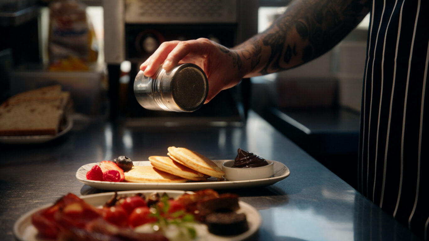 Freshly prepared pancakes with berries and chocolate at Ariel House Dublin breakfast