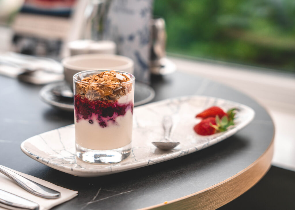 Yogurt parfait with granola and berries served at Ariel House Dublin breakfast