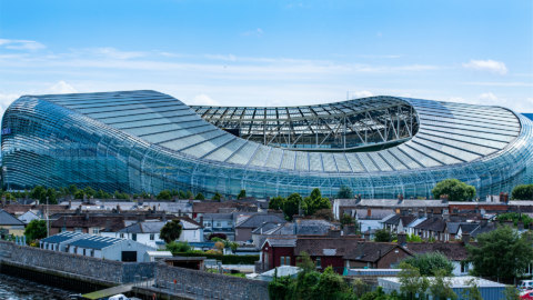 Aviva Stadium in Dublin viewed from Ballsbridge near Ariel House guesthouse.