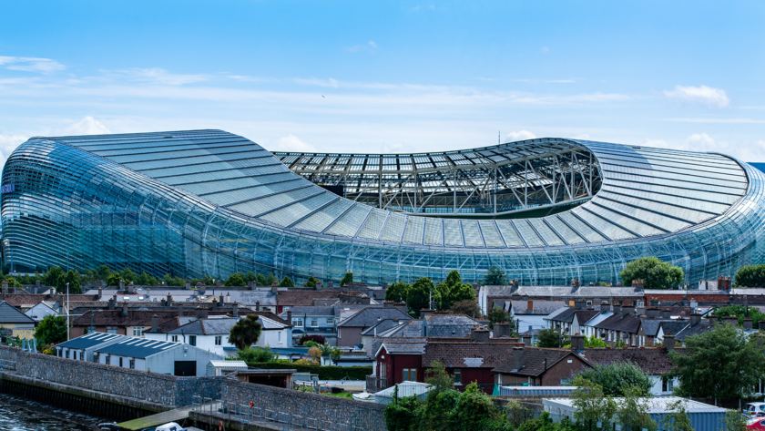 Aviva Stadium in Dublin viewed from Ballsbridge near Ariel House guesthouse.