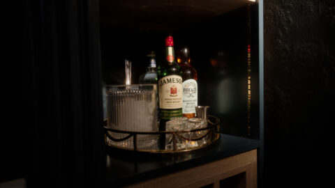 Honesty bar with premium Irish spirits in the Drawing Room at Ariel House Dublin