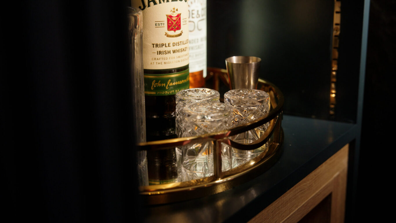 Crystal glassware and refreshments available at the Ariel House Honesty Bar in Dublin
