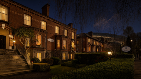 Exterior of Ariel House, a Victorian townhouse in Ballsbridge, Dublin, illuminated on a winter evening