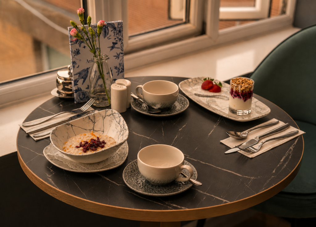 Ariel-House-Dublin-Ballsbridge-autumn-breakfast Breakfast table with porridge, yoghurt, fresh fruit and tea at Ariel House in Ballsbridge, Dublin.